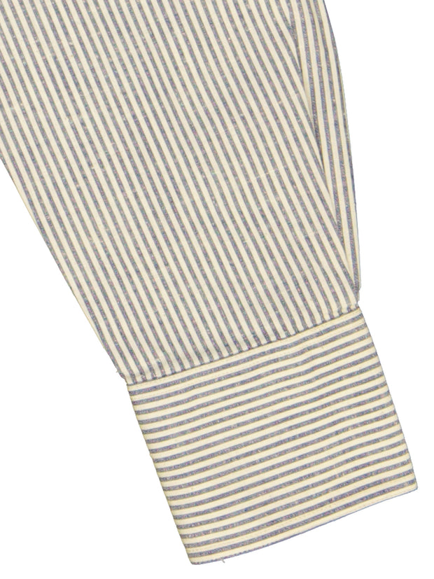 mao-collar shirt in off white and navy stripe cotton 