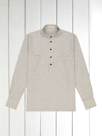 mao-collar shirt in off white and navy stripe cotton 