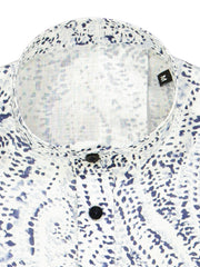 blue drawing print white linen mao-collar shirt