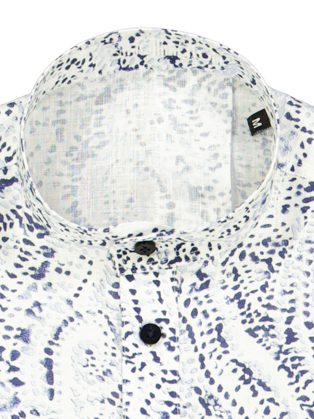 blue drawing print white linen mao-collar shirt