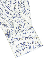 blue drawing print white linen mao-collar shirt