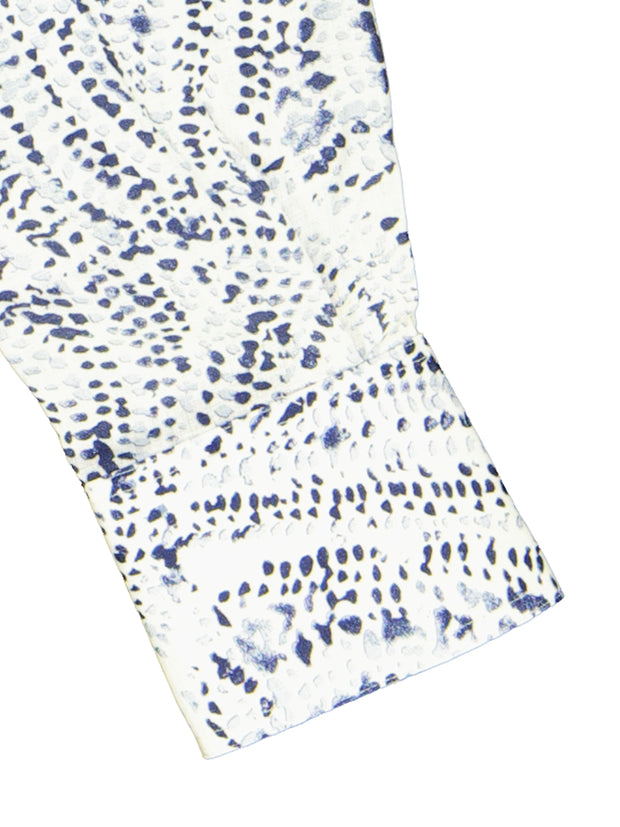 blue drawing print white linen mao-collar shirt