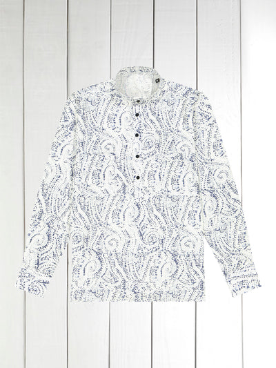 blue drawing print white linen mao-collar shirt