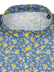 mao-collar shirt in blue pure linen canvas with yellow flower print 