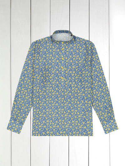 mao-collar shirt in blue pure linen canvas with yellow flower print 