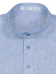 mao-collar shirt in linen and cotton sky with white stripes 