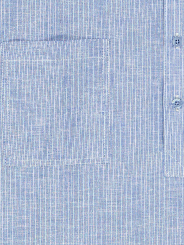 mao-collar shirt in linen and cotton sky with white stripes 