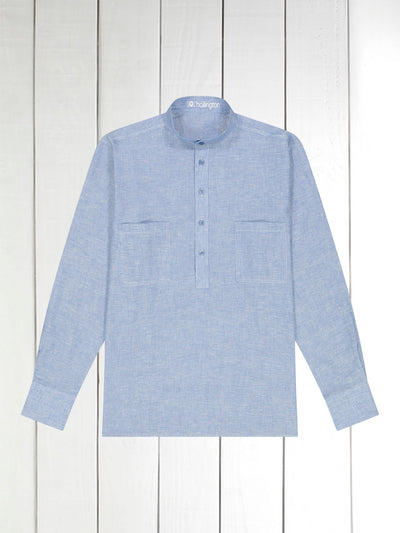 mao-collar shirt in linen and cotton sky with white stripes 