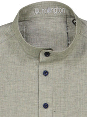 mao-collar shirt in pure taupe linen canvas with grey herringbone 