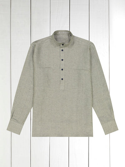 chemise col mao en toile pur lin taupe à chevrons gris