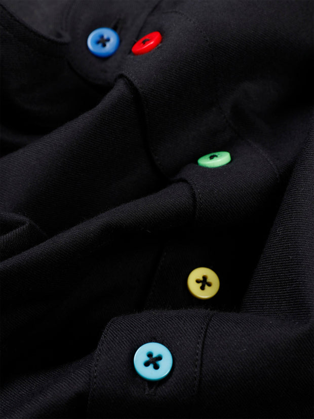 black poplin shirt with mao collar and multicoloured buttons