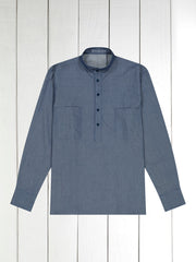 mao-collar shirt in indigo striped cotton