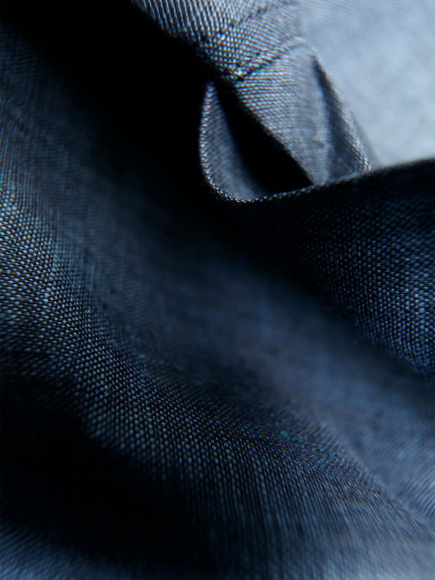 ink-blue pure linen short-sleeve mao-collar shirt