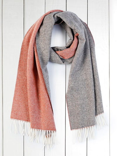 fringed scarf in orange-on-grey double-faced cashmere