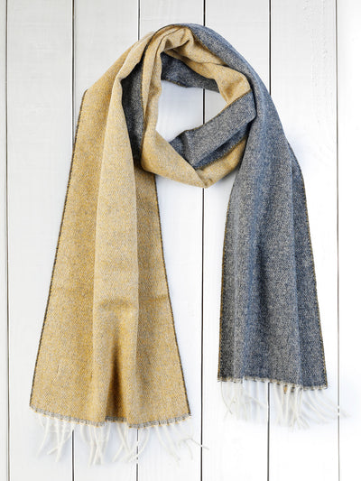 fringed scarf in indigo-on-mustard double-faced cashmere