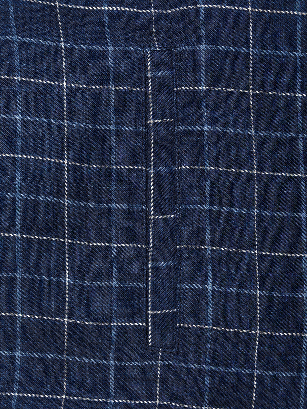 piped-pocket waistcoat in British-blue and chalk checked linen-and-wool canvas
