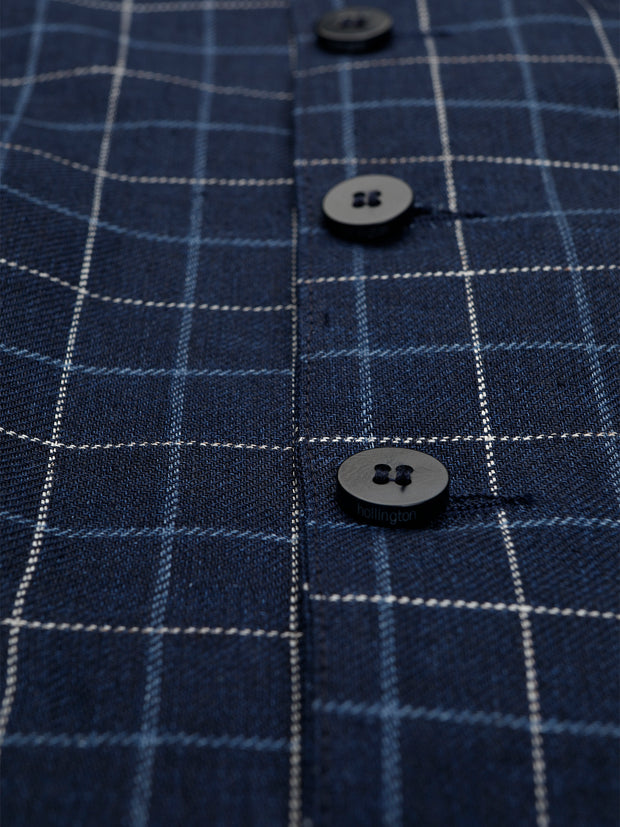 piped-pocket waistcoat in British-blue and chalk checked linen-and-wool canvas