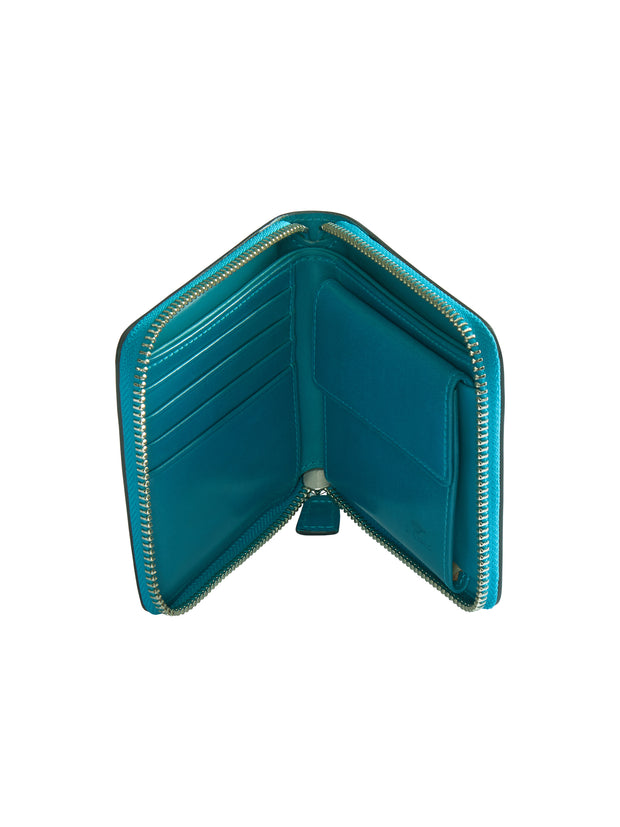 portefeuille zippé deux plis en cuir bleu peacock