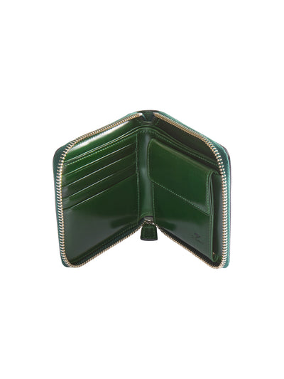 portefeuille zippé deux plis en cuir vert malachite