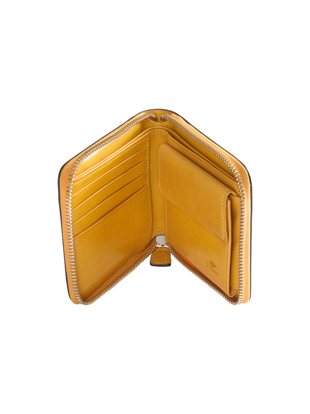 portefeuille zippé deux plis en cuir jaune zinc