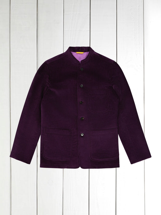 fitted tyrol jacket with nehru collar in magenta wool cordoroy