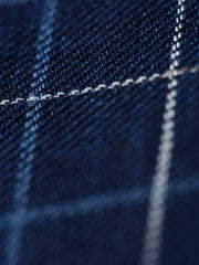 slim nehru-collar tyrol jacket in linen and wool canvas British blue and chalk checks