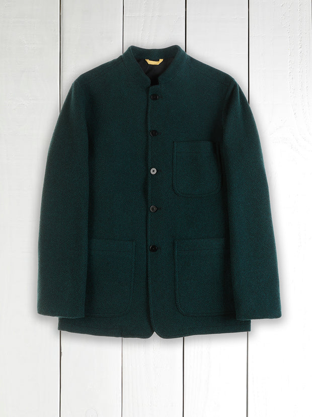 slim nehru-collar tyrol jacket in emerald green super soft tweed with black herringbone