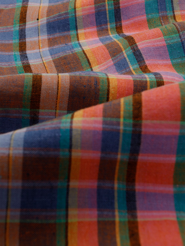 mao-collar shirt jacket in linen canvas with summer tartan