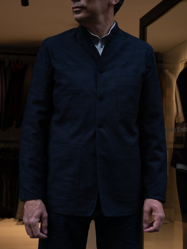 navy patterned wool and cotton fitted savoie jacket with nehru collar