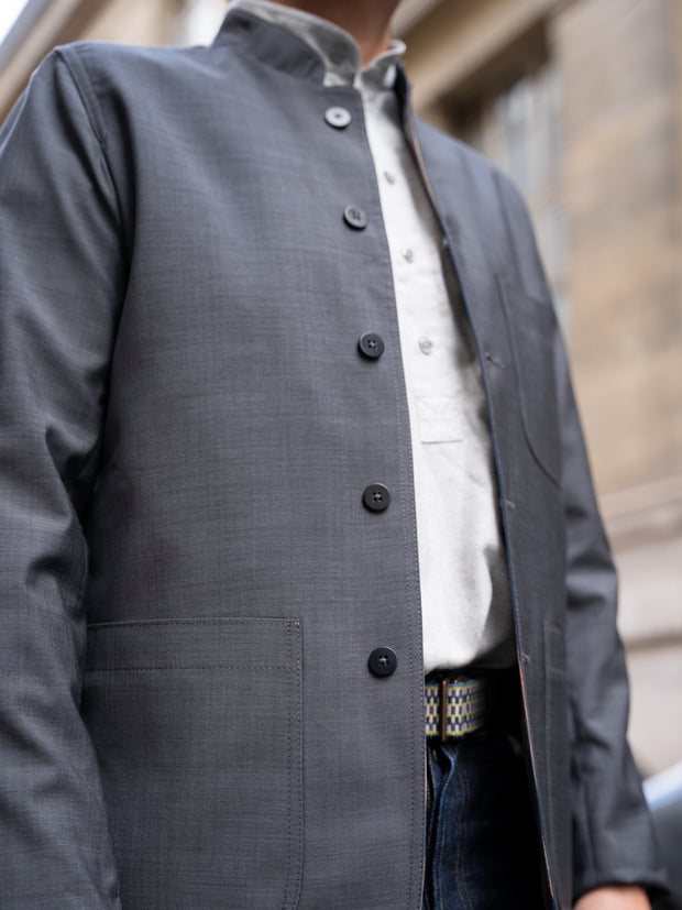 veste savoie ajustée à col nehru en laine double-face gris lauze