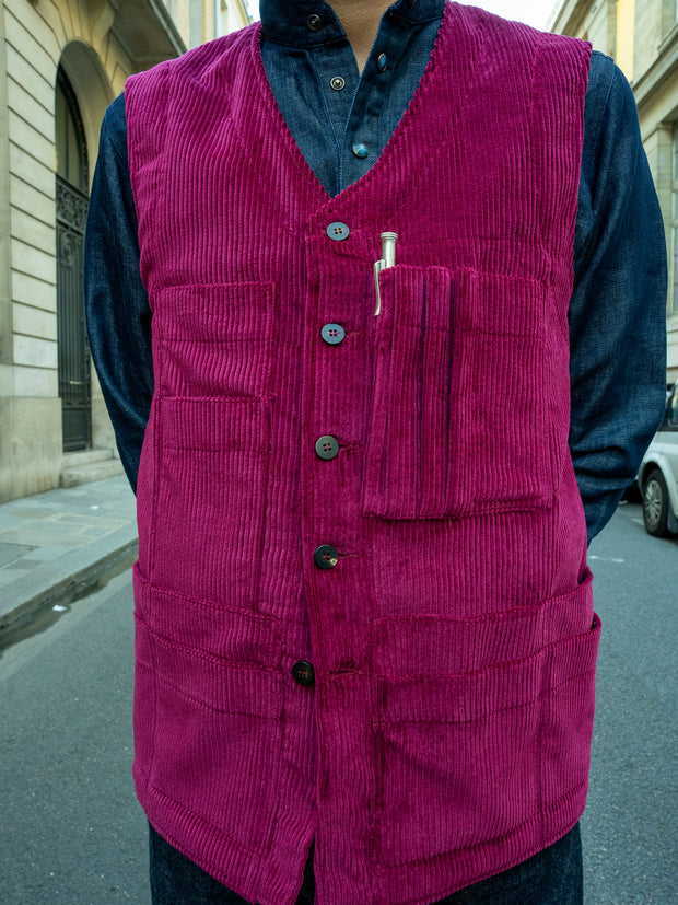 magenta corduroy with large ribs 20-pocket waistcoat