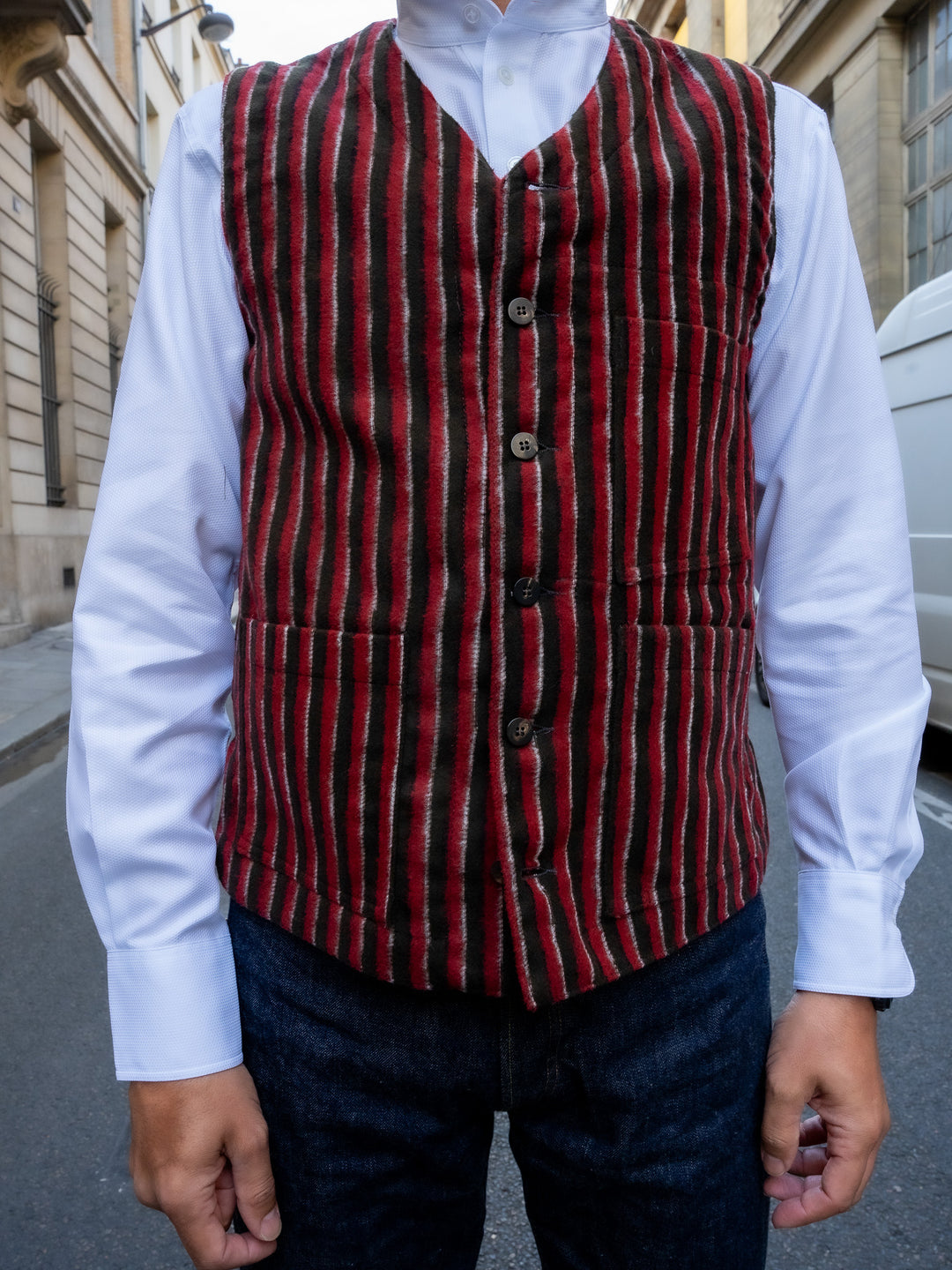 gilet a poches plaquees en laine grattee a rayures irregulieres garanc hollington