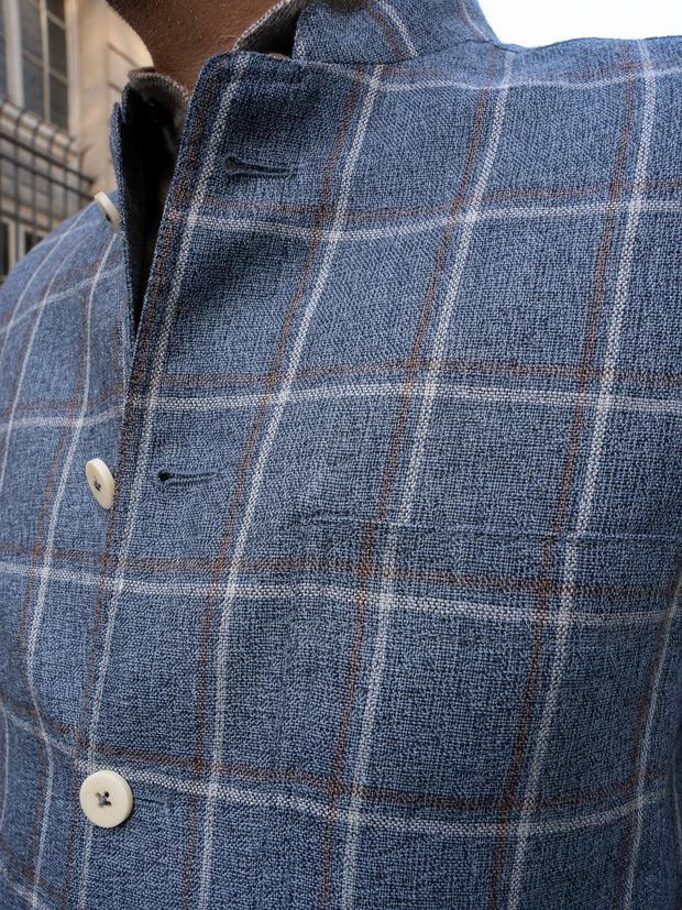 veste savoie ajustée à col nehru en toile de laine et lin preppy check