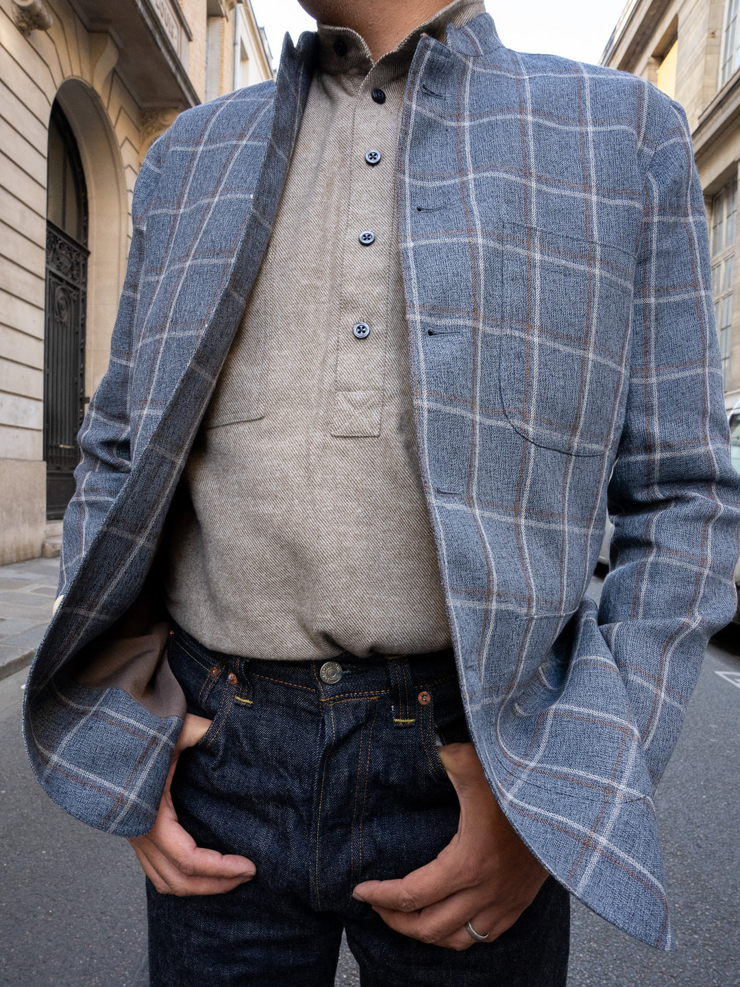 slim nehru collar savoie jacket in preppy check wool and linen canvas hollington