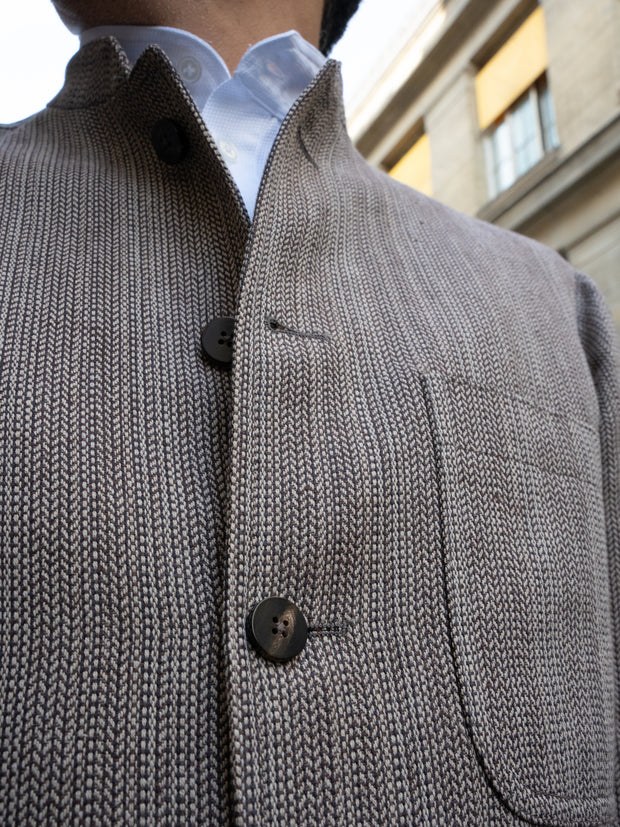 veste savoie ajustée à col nehru en toile de lin et coton à chevrons noirs
