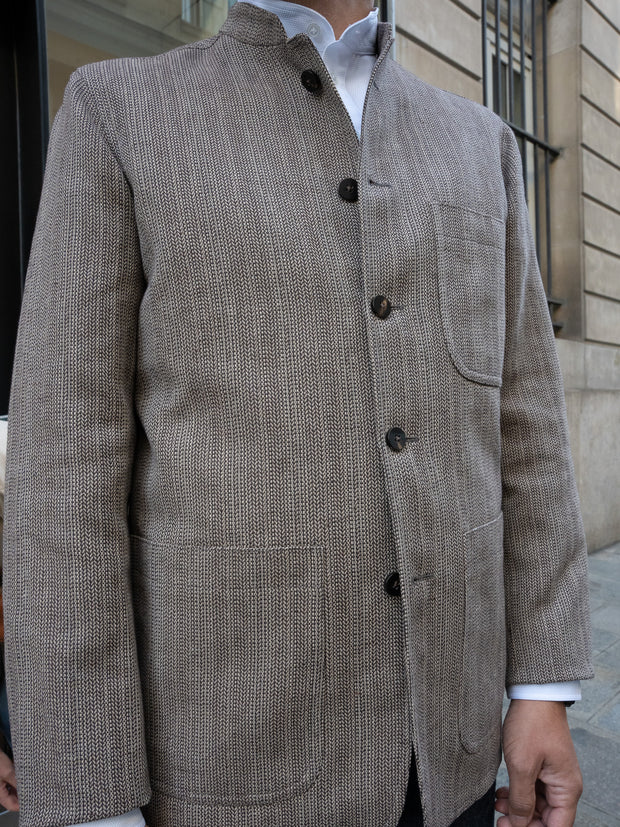 veste savoie ajustée à col nehru en toile de lin et coton à chevrons noirs