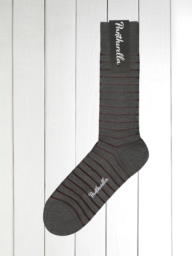 pantherella socks in grey melange wool with plum stripes