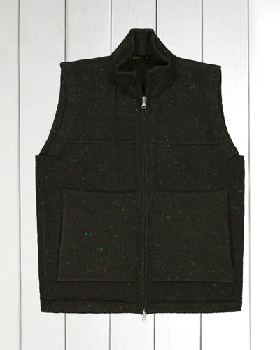 gilet zippé à col officier en laine et cachemire vert moucheté Inis Meáin