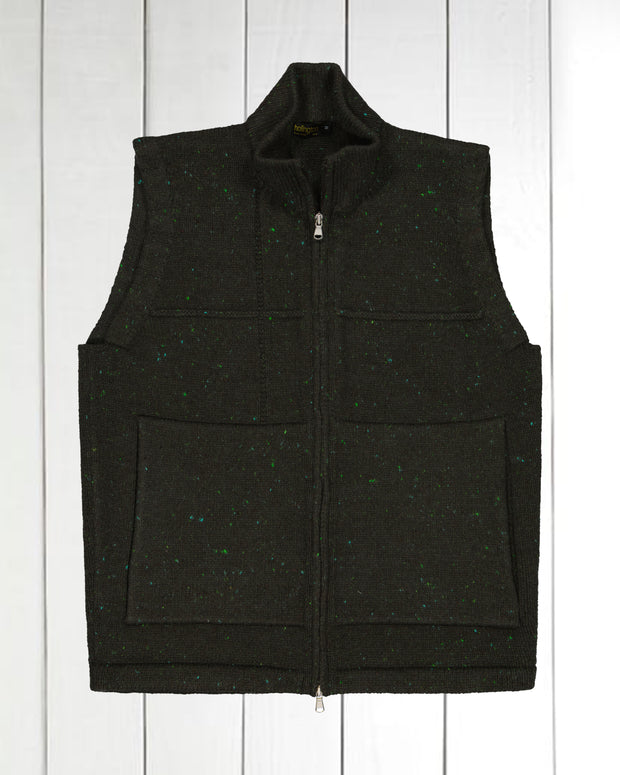 gilet zippé à col officier en laine et cachemire vert moucheté Inis Meáin