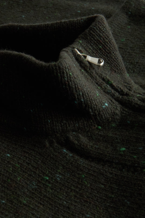 gilet zippé à col officier en laine et cachemire vert moucheté Inis Meáin