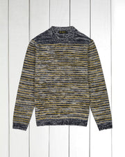 pull Inis Meain à col cheminée en laine et cachemire à rayures irrégulières marine et jaune
