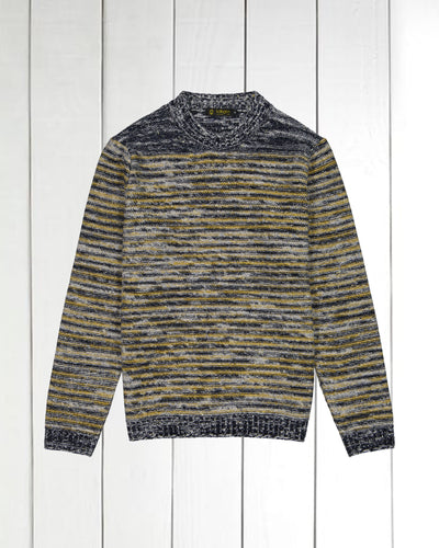 pull Inis Meain à col cheminée en laine et cachemire à rayures irrégulières marine et jaune