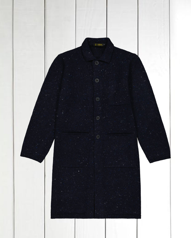 manteau long en laine et cachemire bleu profond moucheté Inis Meáin
