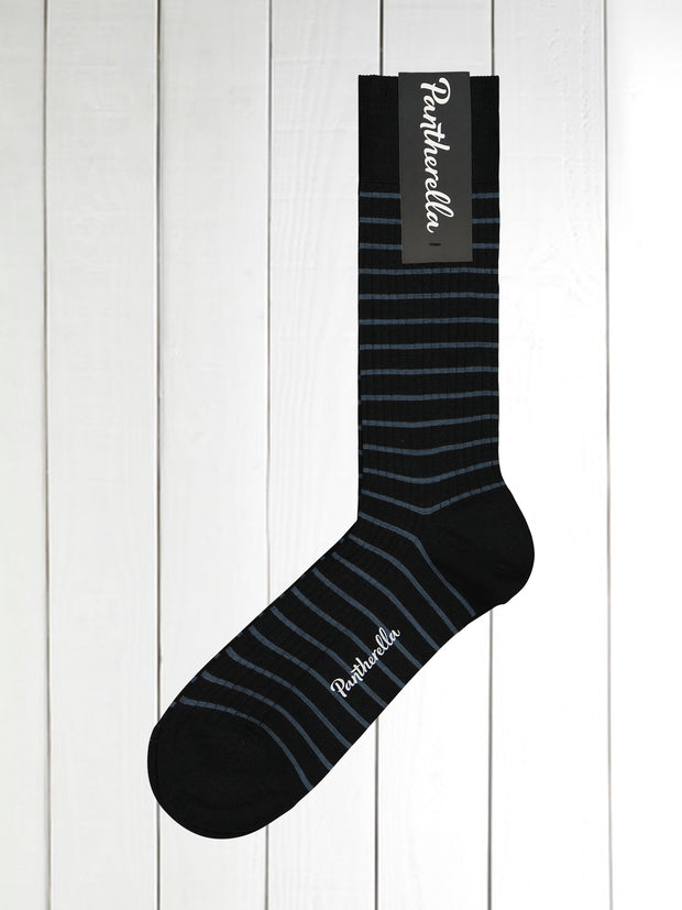 pantherella midnight blue wool socks with petrol blue stripes