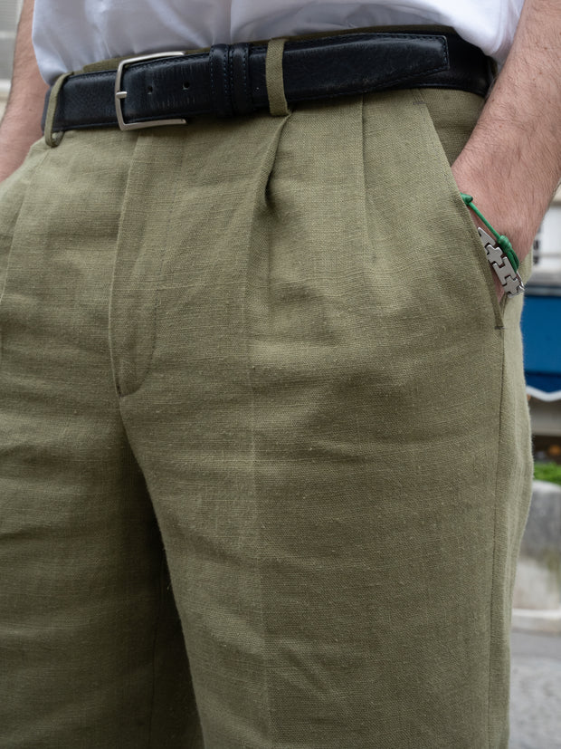 luca pleated trousers in olive green basket-weave linen