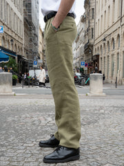 luca high-waist darted trousers in olive green plaited linen canvas