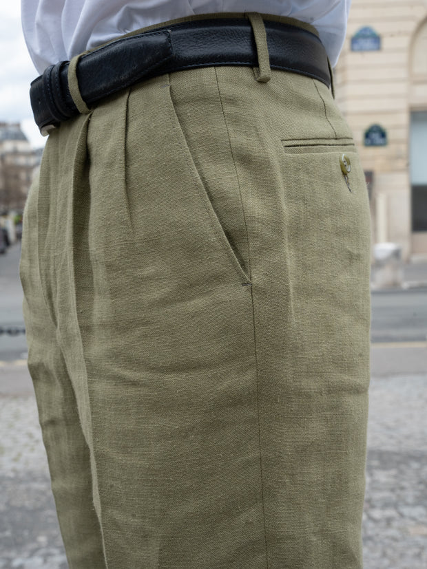 pantalon à pinces luca en toile de lin natté vert olive