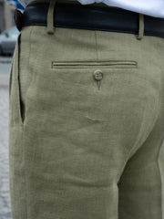 luca high-waist darted trousers in olive green plaited linen canvas