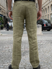 pantalon luca à plis en toile de lin natté vert olive