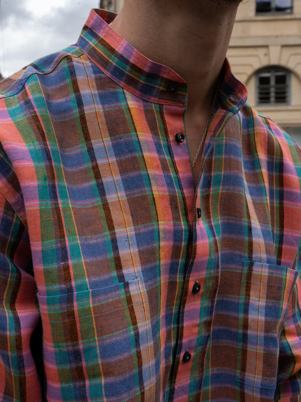 summer tartan linen mao-collar shirt 